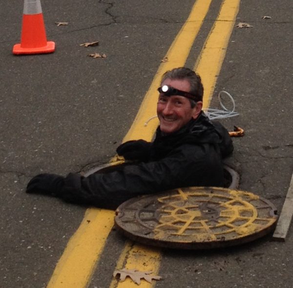 Gabe Benoit emerges from a sewer